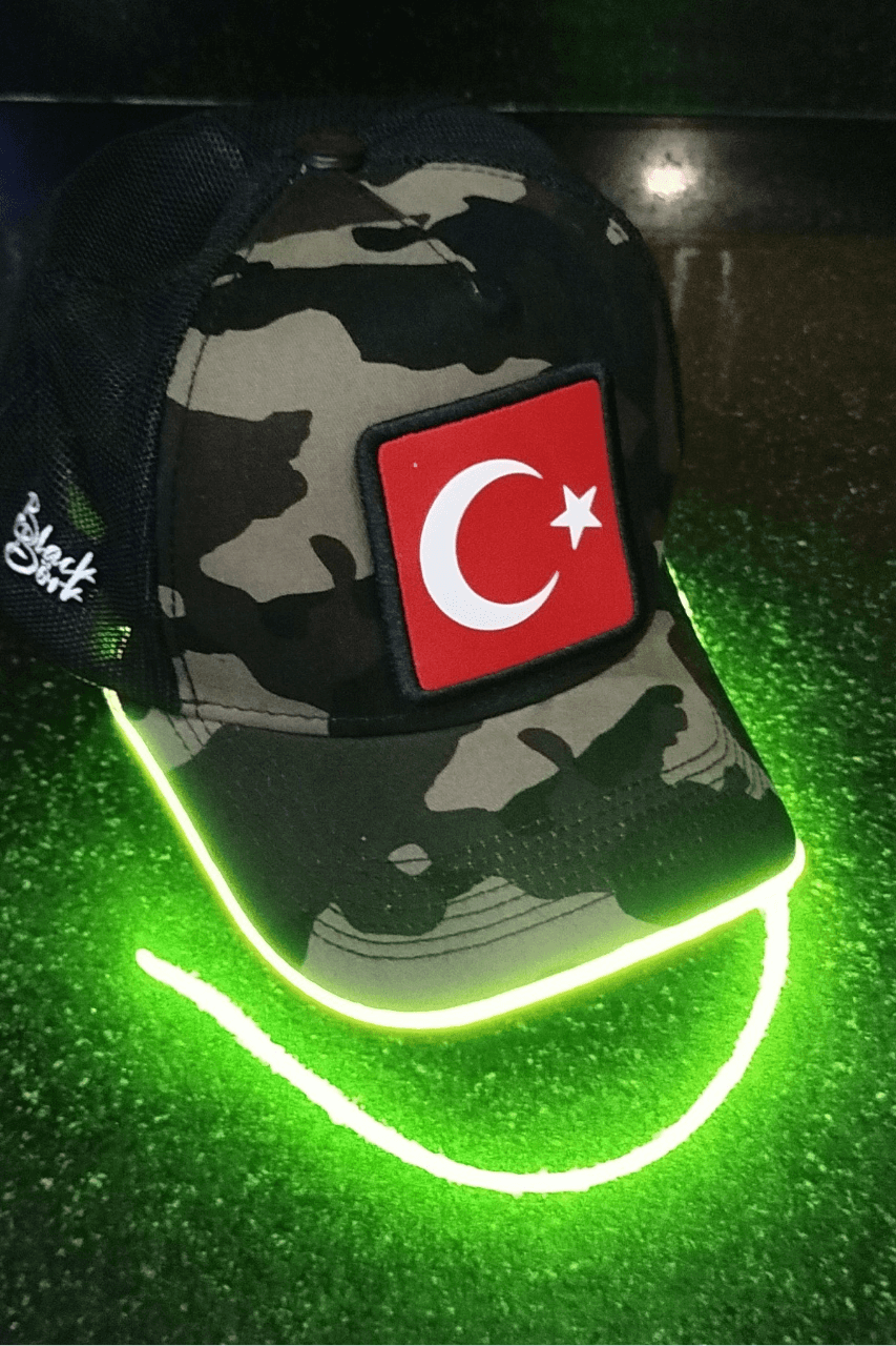 Bayrak Bench Kamuflaj Yeşil LED'li Beyzbol Şapka